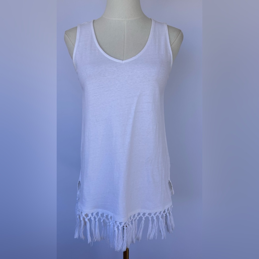 J. Jill Women’s White Sleeveless Tank Macrame Tassel Fringe V-Neck Size XS